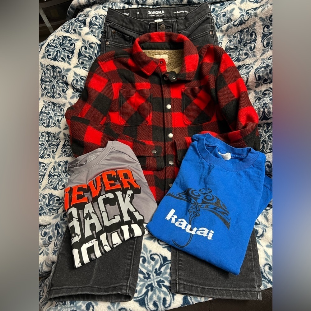 Youth Winter Lot Boys Sz 12 Black Jeans, sz M Black and Red Flannel and T-shirt